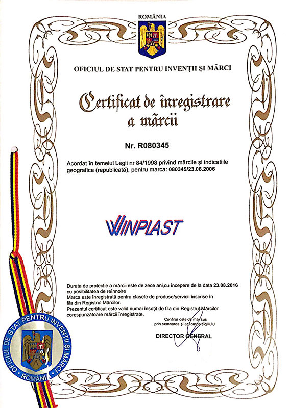 Certificat de inregistrarea a marcii WINPLAST
